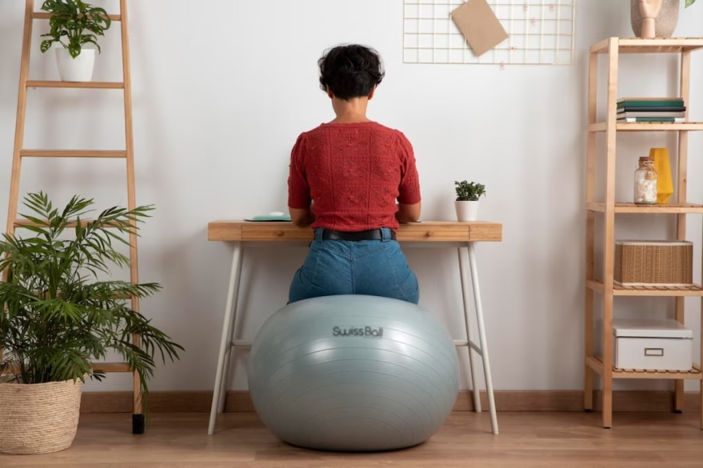 Une jeune femme au bureau avec un swiss ball